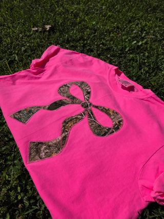 Realtree Edge Camouflage Applique Bow Preppy Embroidered Neon Comfort Color Short Sleeve Shirt, Merch Girls - A Blissfully Beautiful Boutique