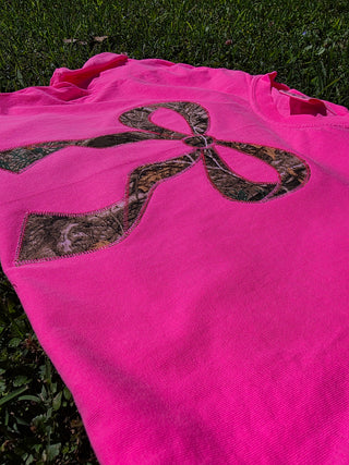 Realtree Edge Camouflage Applique Bow Preppy Embroidered Neon Comfort Color Short Sleeve Shirt, Merch Girls - A Blissfully Beautiful Boutique