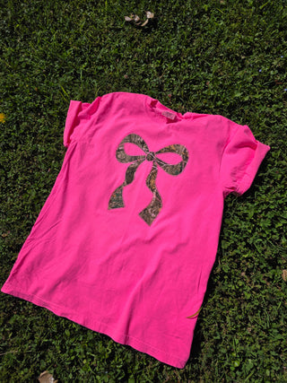 Realtree Edge Camouflage Applique Bow Preppy Embroidered Neon Comfort Color Short Sleeve Shirt, Merch Girls - A Blissfully Beautiful Boutique