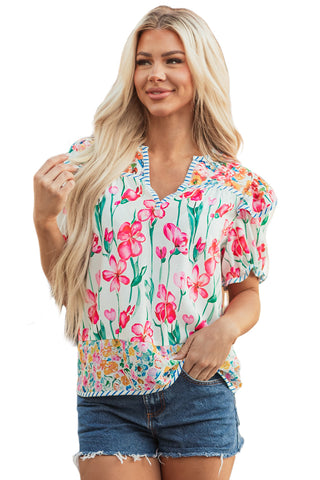 Pink Floral Print Striped Detail Split Neck Short Sleeve Blouse, A Blissfully Beautiful Boutique - A Blissfully Beautiful Boutique