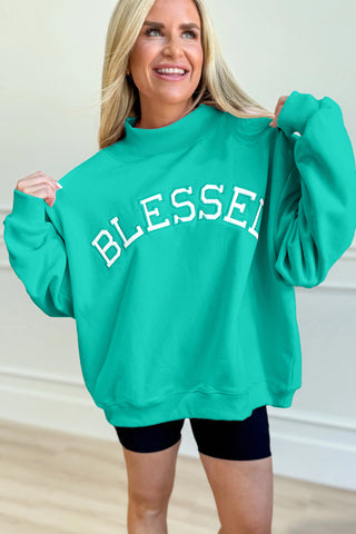 Sea Green Oversize Blessed Embroidered Mock Neck Sweatshirt