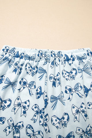 Sky Blue Bow Print Short Pajama Set, Dear-Lover Dropshipping - A Blissfully Beautiful Boutique