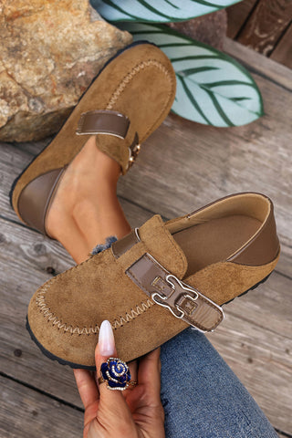 Khaki Faux Suede PU Leather Patchwork Retro Buckle Slip On Shoes, Dear-Lover Dropshipping - A Blissfully Beautiful Boutique