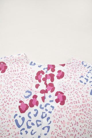 Pink Mixed Leopard Print V Neck Short Sleeve Blouse, A Blissfully Beautiful Boutique - A Blissfully Beautiful Boutique