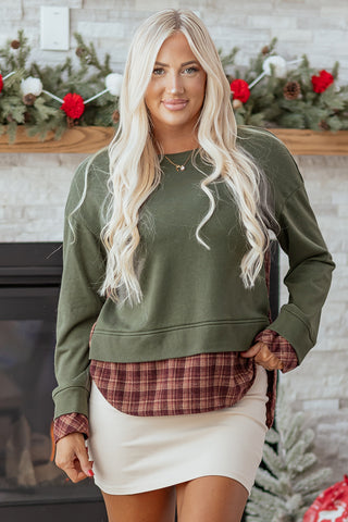 Moss Green Vintage Plaid Patchwork Drop Shoulder Sweatshirt, Dear-Lover Dropshipping - A Blissfully Beautiful Boutique