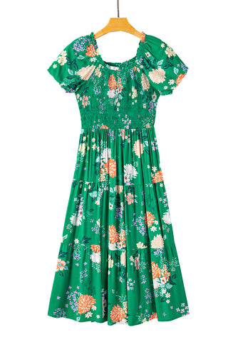 Green Floral Print Bubble Sleeve Smocked Tiered Midi Dress | A Blissfully Beautiful Boutique Green Floral Print Bubble Sleeve Smocked Tiered Midi Dress | A Blissfully Beautiful Boutique