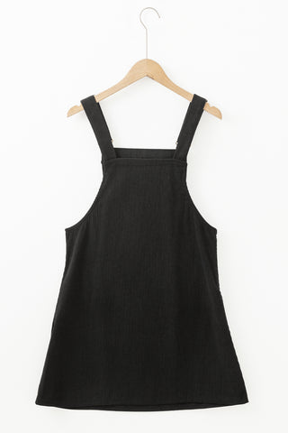 Black Solid Front Pockets Sleeveless Corduroy Overall Dress