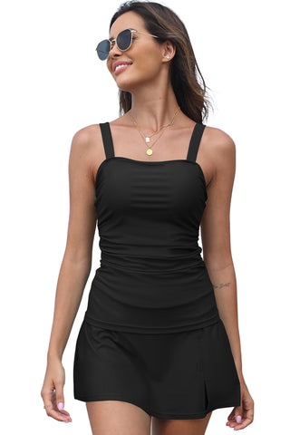 Black Solid Square Neck Sleeveless Tankini Swimsuit