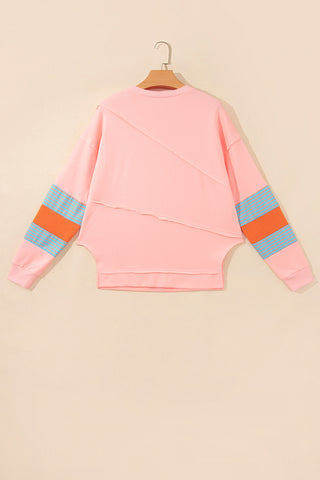 Pink Colorblock Striped Patchwork Raw Detail Long Sleeve Top