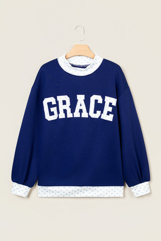 Dirty blue Polka Dot Trim High Neck GRACE Letter Graphic Baggy Sweatshirt