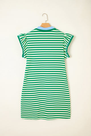 Green Stripe Print Contrast Collar Split Neck Flutter Sleeve Short Dress