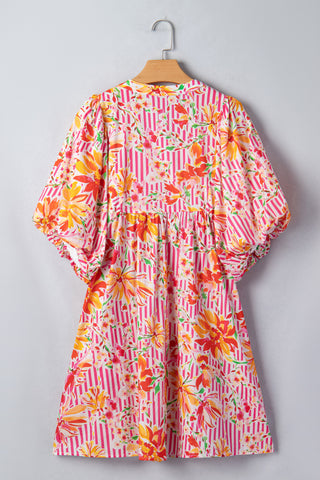 Pink Striped Floral Print Tie Neck Puff Sleeve Loose Mini Dress, Dear-Lover Dropshipping - A Blissfully Beautiful Boutique