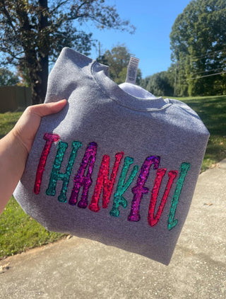 Thankful Colorful Sequin Applique Embroidered Shirt, Merch Girls - A Blissfully Beautiful Boutique