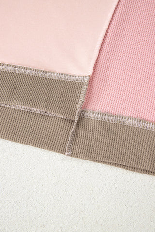 Light Pink Plus Color Block Waffle Patchwork Exposed Seam Baggy Sweatshirt, Dear-Lover Dropshipping - A Blissfully Beautiful Boutique