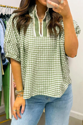 Green Plaid Short Sleeve Colorblock Trim Split Neck Blouse, Dear-Lover Dropshipping - A Blissfully Beautiful Boutique