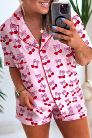 Pink Cherry/Bow Print Short Pajama Set, Dear-Lover Dropshipping - A Blissfully Beautiful Boutique