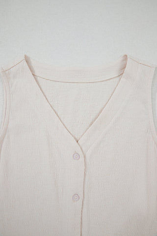 Apricot Buttoned V Neck Tank Top and Wide Leg Pants Casual Outfit