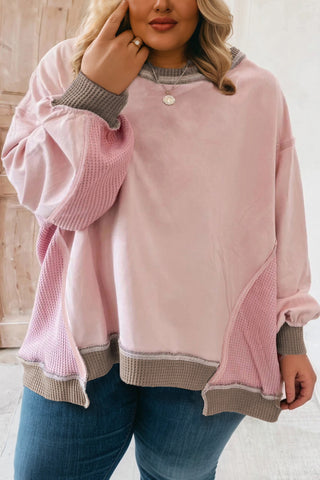 Light Pink Plus Color Block Waffle Patchwork Exposed Seam Baggy Sweatshirt, Dear-Lover Dropshipping - A Blissfully Beautiful Boutique