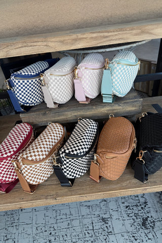 Straw Yellow Checkerboard Woven Zip Crossbody Bag, Dear-Lover Dropshipping - A Blissfully Beautiful Boutique