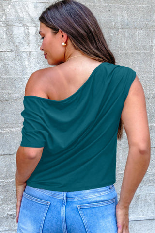 Blue Sapphire Plus Size Solid Color Asymmetric Neck Short Sleeve Blouse, Dear-Lover Dropshipping - A Blissfully Beautiful Boutique
