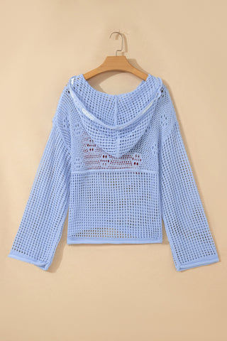 Beau Blue Hollow Out Crochet Knit American Flag Patched Sweater Hoodie