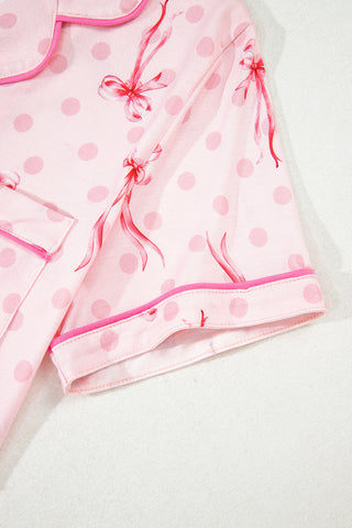 Pink Bow Print Contrast Pipping Short Pajamas Set, A Blissfully Beautiful Boutique - A Blissfully Beautiful Boutique