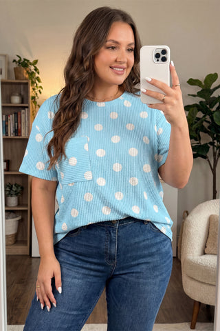 Sky Blue Twisted Rib Polka Dot Print Plus Size T Shirt, Dear-Lover Dropshipping - A Blissfully Beautiful Boutique