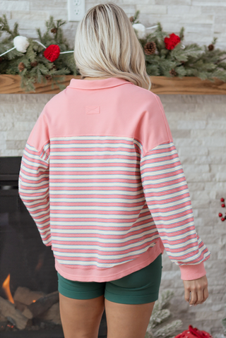 Pink Stripe Buttoned V Neck Collared Drop Shoulder Top, A Blissfully Beautiful Boutique - A Blissfully Beautiful Boutique