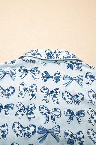 Sky Blue Bow Print Short Pajama Set, Dear-Lover Dropshipping - A Blissfully Beautiful Boutique