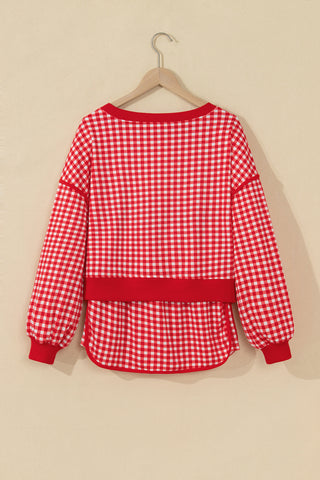 Red Gingham Oversized Ribbed Trim Crew Neck Long Sleeve Top and Skort Set
