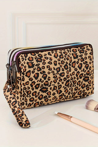 Brown Leopard Print PU Leather Wristlet Zipper Makeup Bag, Dear-Lover Dropshipping - A Blissfully Beautiful Boutique