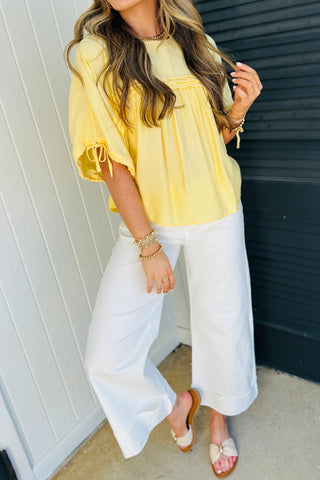 Yellow Cream Tie Half Sleeve Pleated Detail Babydoll Blouse, Dear-Lover Dropshipping - A Blissfully Beautiful Boutique