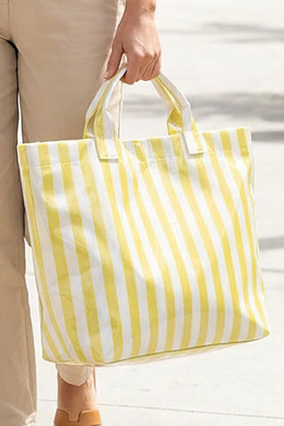 Yellow Cream Glossy Striped Vinyl Large Tote Bag, Dear-Lover Dropshipping - A Blissfully Beautiful Boutique