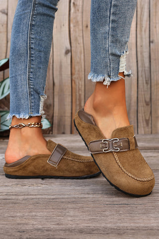 Khaki Faux Suede PU Leather Patchwork Retro Buckle Slip On Shoes, Dear-Lover Dropshipping - A Blissfully Beautiful Boutique