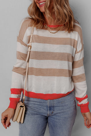 Apricot Colorblock Striped Round Neck Drop Shoulder Sweater