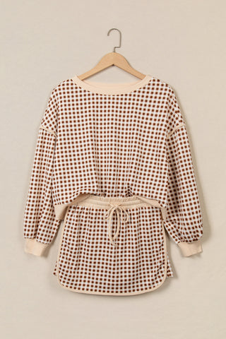 Red Gingham Oversized Ribbed Trim Crew Neck Long Sleeve Top and Skort Set