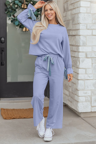 Beau Blue Flounce Long Sleeve Top Drawstring Pants Contrast Velvet Bow Knot 2pcs Lounge Set, Dear-Lover Dropshipping - A Blissfully Beautiful Boutique