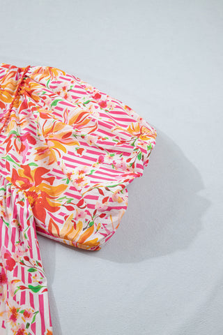 Pink Striped Floral Print Tie Neck Puff Sleeve Loose Mini Dress, Dear-Lover Dropshipping - A Blissfully Beautiful Boutique