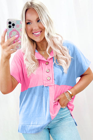Myosotis Two Tone Half Buttons Collared T Shirt, A Blissfully Beautiful Boutique - A Blissfully Beautiful Boutique