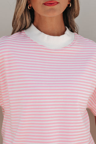 Pink Stripe Cuffed Sleeve Contrast Mock Neck Tee Casual 2pcs Short Set, Dear-Lover Dropshipping - A Blissfully Beautiful Boutique