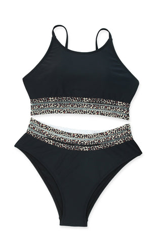 Black Rose Leopard Mesh Trim 2pcs Bikini Swimsuit