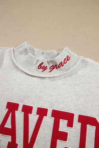 Gray Saved By Grace Embroidered Detail Letter Graphic High Neck Sweatshirt