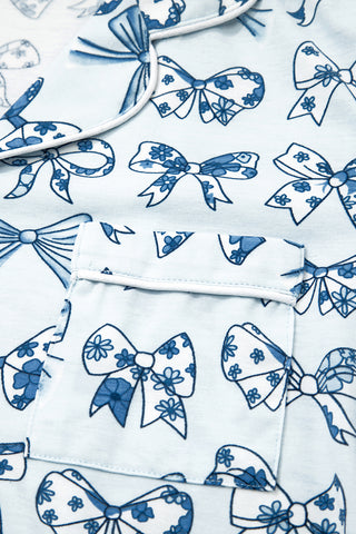 Sky Blue Bow Print Short Pajama Set, Dear-Lover Dropshipping - A Blissfully Beautiful Boutique