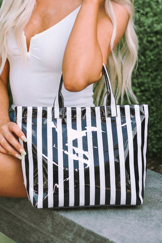 Color black Glossy Striped Vinyl Large Tote Bag, Dear-Lover Dropshipping - A Blissfully Beautiful Boutique