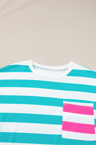 Blue Stripe Contrast Patch Pocket Drop Sleeve T Shirt