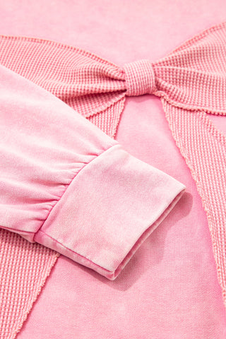 Bright Pink Mineral Wash Big Bow Patchwork Pullover Sweatshirt