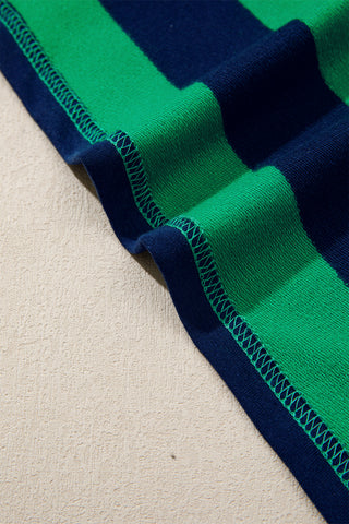Green Stripe Quarter-Zip Metal Zipper Cover Stitch Hem Top