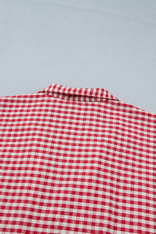 Red Plaid Short Sleeve Colorblock Trim Split Neck Blouse, Dear-Lover Dropshipping - A Blissfully Beautiful Boutique