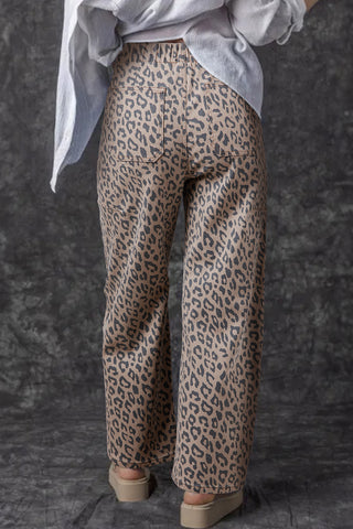 Khaki Leopard Printed Drawstring Waist Pocketed Wide Leg Jeans