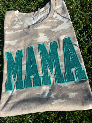 Natural or Vintage Camo Custom Mama or Mascot Glitter Applique Embroidered Shirt, Merch Girls - A Blissfully Beautiful Boutique